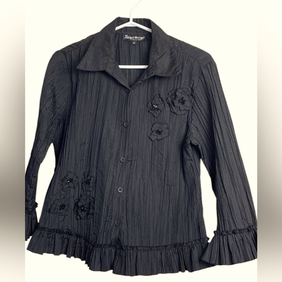 Tango Mango Deep Black, Long Sleeve Party Blouse w Ruffles and Embellishments - Picture 1 of 15